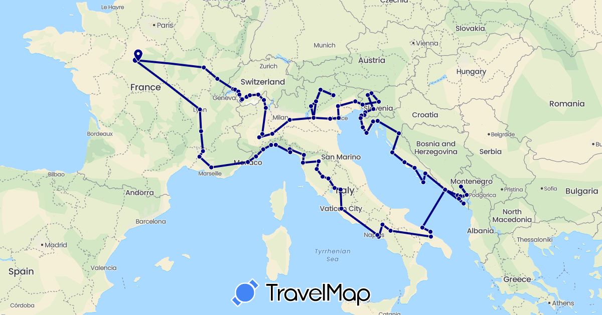 TravelMap itinerary: driving in Switzerland, France, Croatia, Italy, Monaco, Montenegro, Slovenia (Europe)